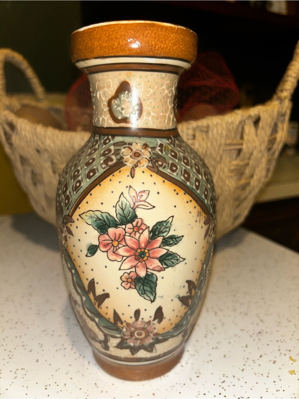 Vintage Japan Moriage Floral Ceramic Vase in Peach and Green Accents